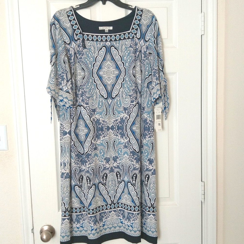 New Sandra Darren women's square neck, tie sleeve, paisley floral dress size 1X - Picture 3 of 9